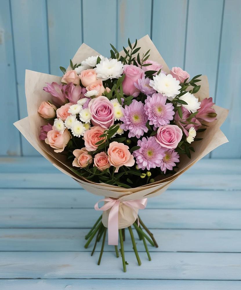 Букет цветов из: Хризантемы, Розы и Альстромерии в Бекешевской
