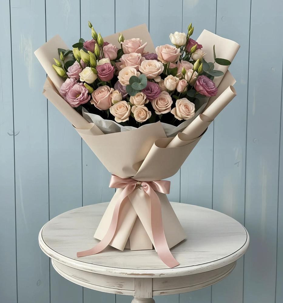 Букет цветов из: Розы и Лизиантусы в Бекешевской