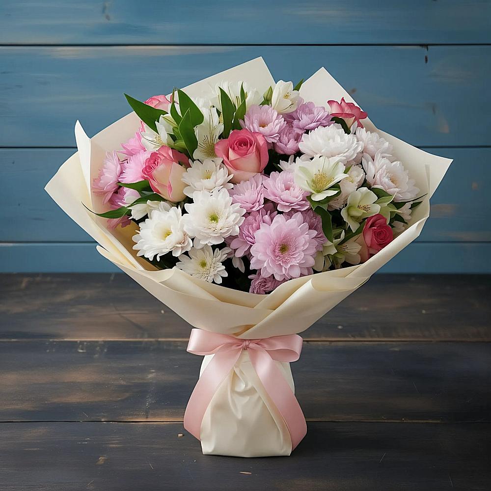 Букет цветов из: Хризантемы, Альстромерии и Розы в Бекешевской